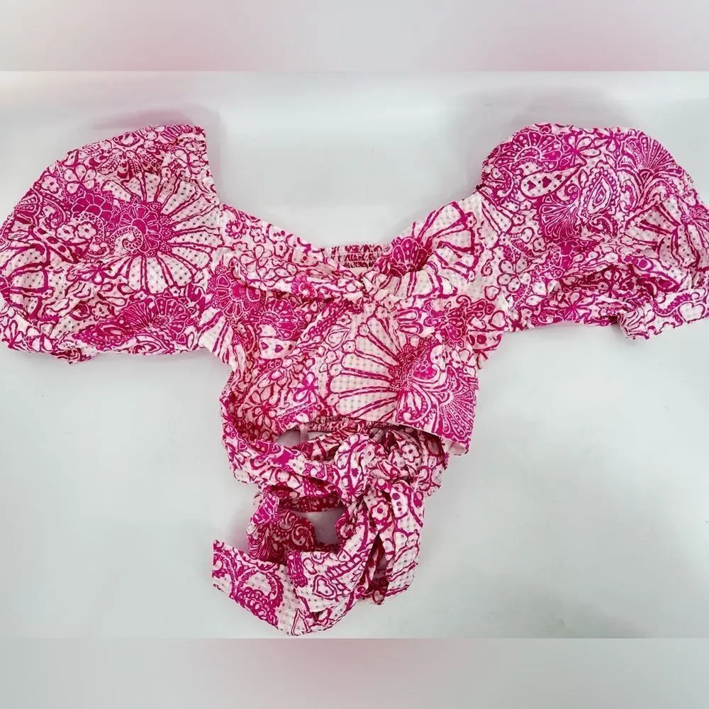 Anthropologie Pink & White Printed Puff-Sleeve Cropped Top